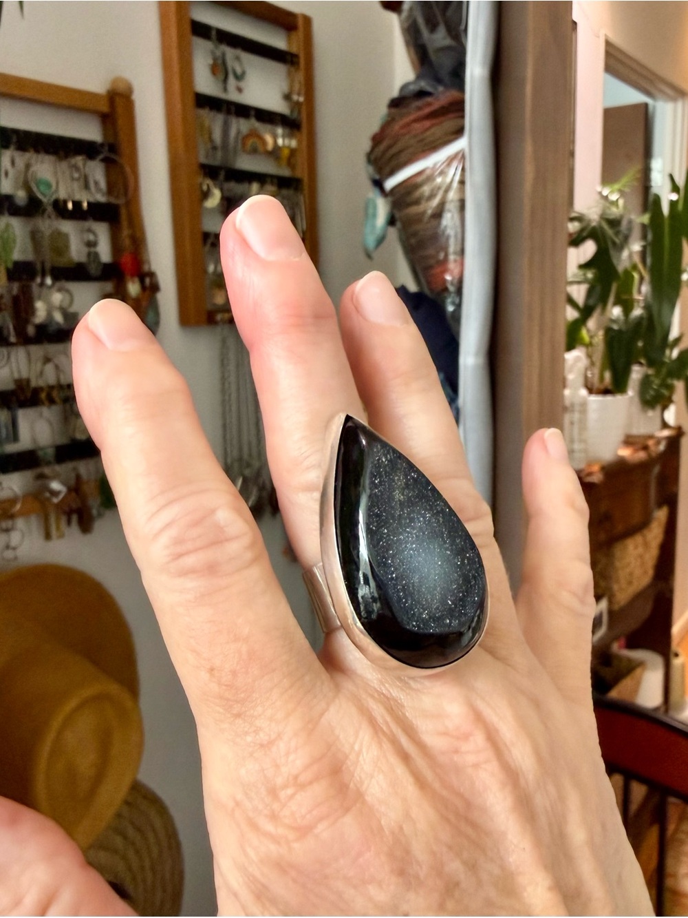 Black Druzy Agate and Silver Ring, Size 8 Adjustable - Picture 3 of 7
